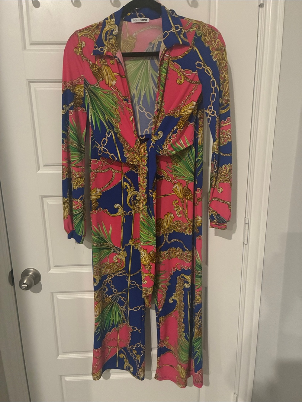 Fashion Nova Pink & Blue Chain Print Wide Leg Set